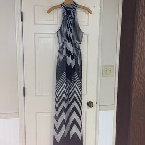 Halter black & white polyester floor-length gown